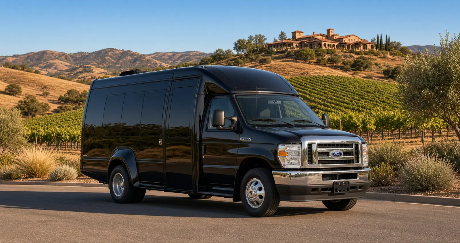 Black luxury limo bus in the Temecula vineyards